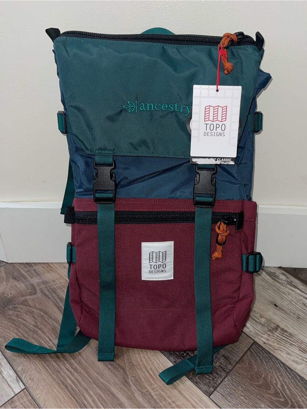 Topo Designs Rover Pack Classic Laptop Backpack Zinfandel/ Botanic Green Branded